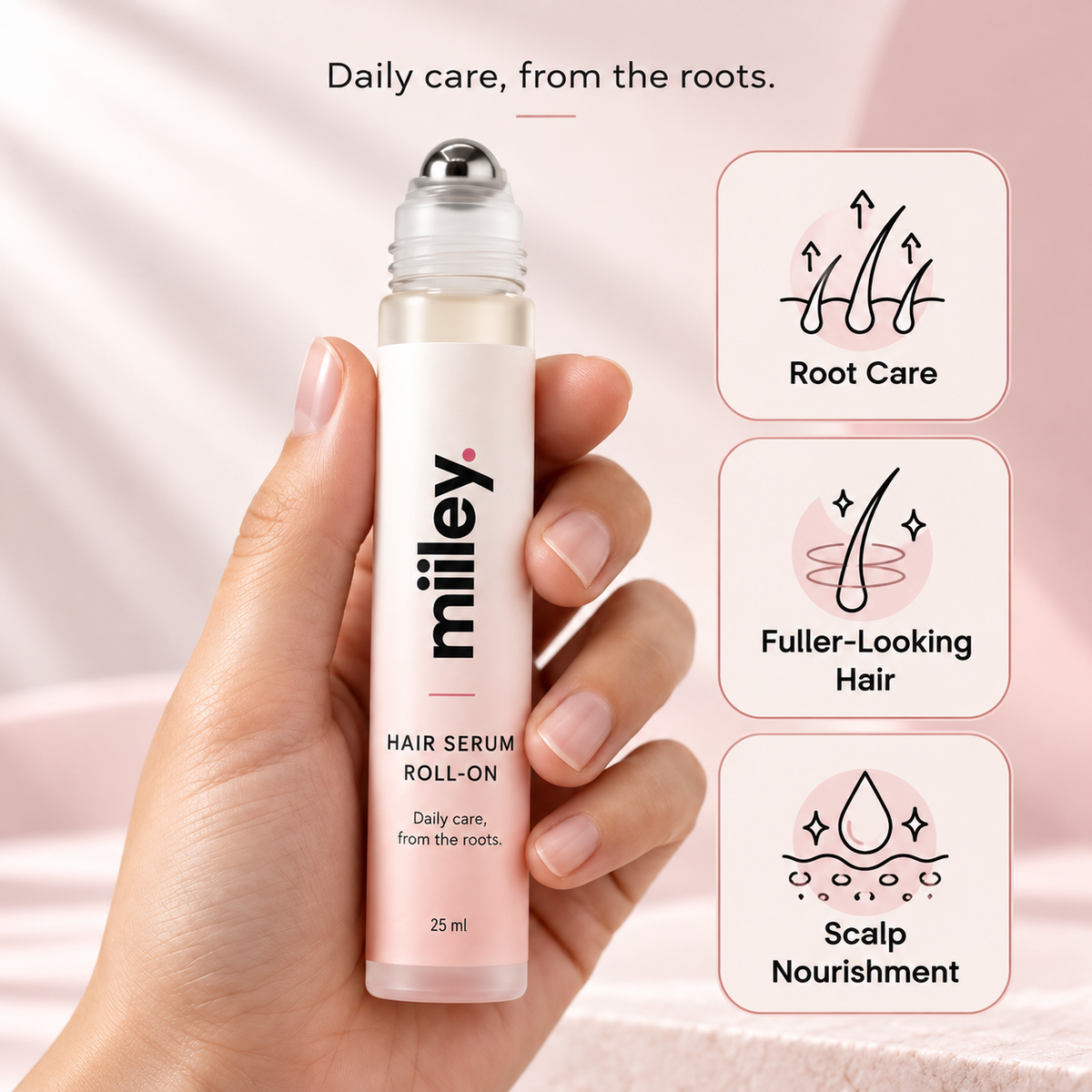 Miiley Hair Serum Roll-On held in hand